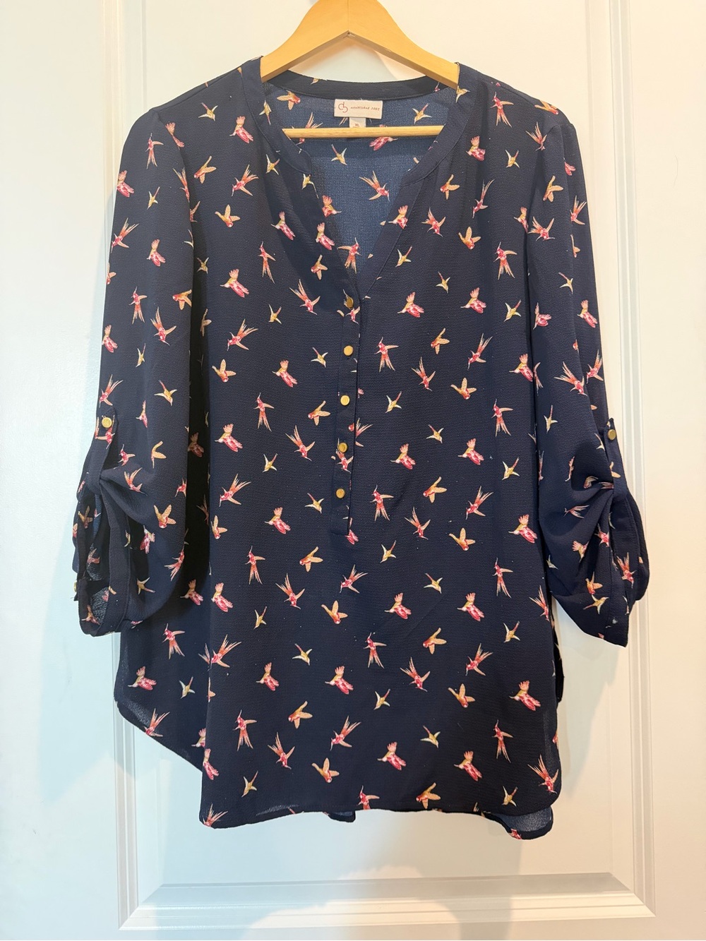 Christopher & Banks XL Navy Bird Print Roll Tab Sleeve Henley Blouse Top